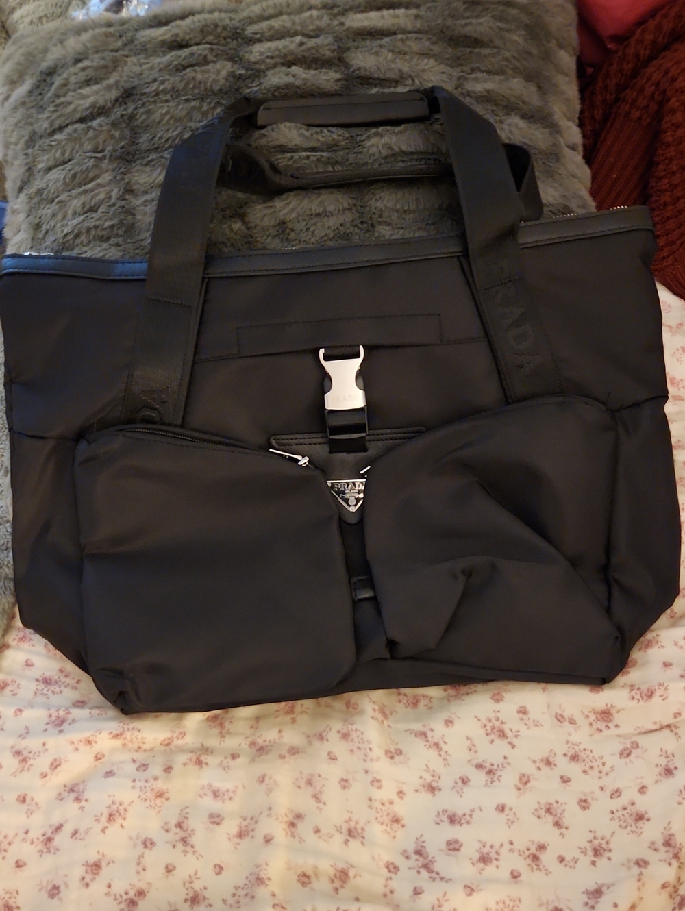Black Nylon Laptop Tote/weekend Bag with Front Buckle and Dual Pockets